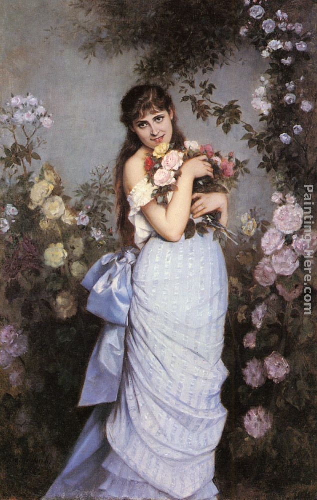 A Young Woman in a Rose Garden painting - Auguste Toulmouche A Young Woman in a Rose Garden art painting